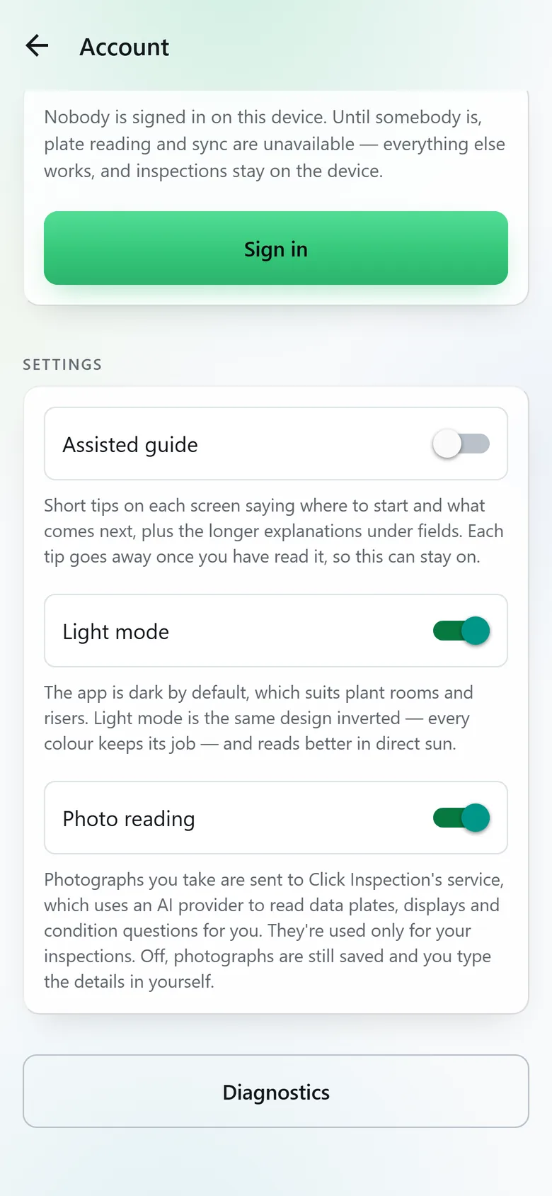 The same Account screen in the light theme, with Light mode switched on.