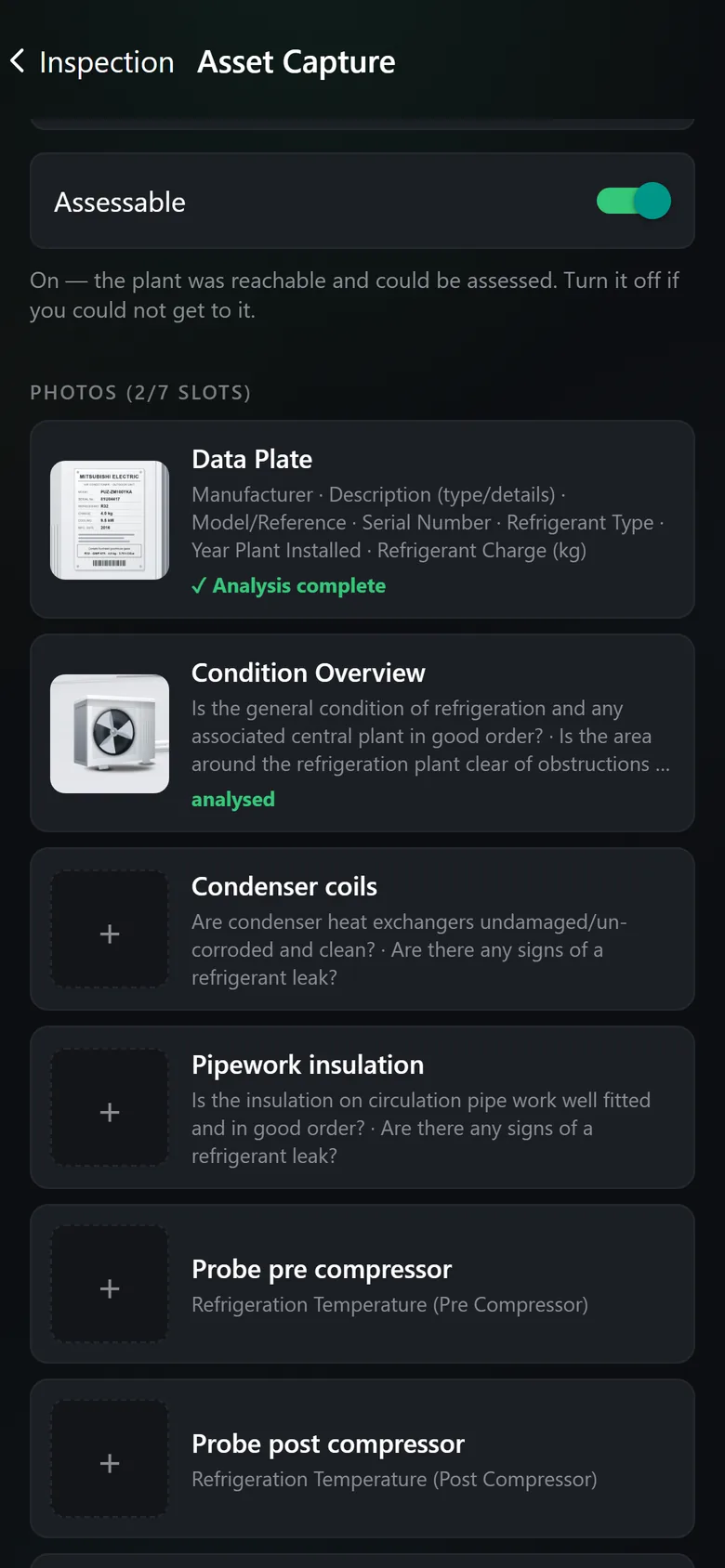 A cooling plant in Detailed Capture: its photo list, each box captioned with the questions that photograph answers. The data plate and the condition overview are taken and analysed; condenser coils, pipework insulation and the probes are still to take. In dark mode.