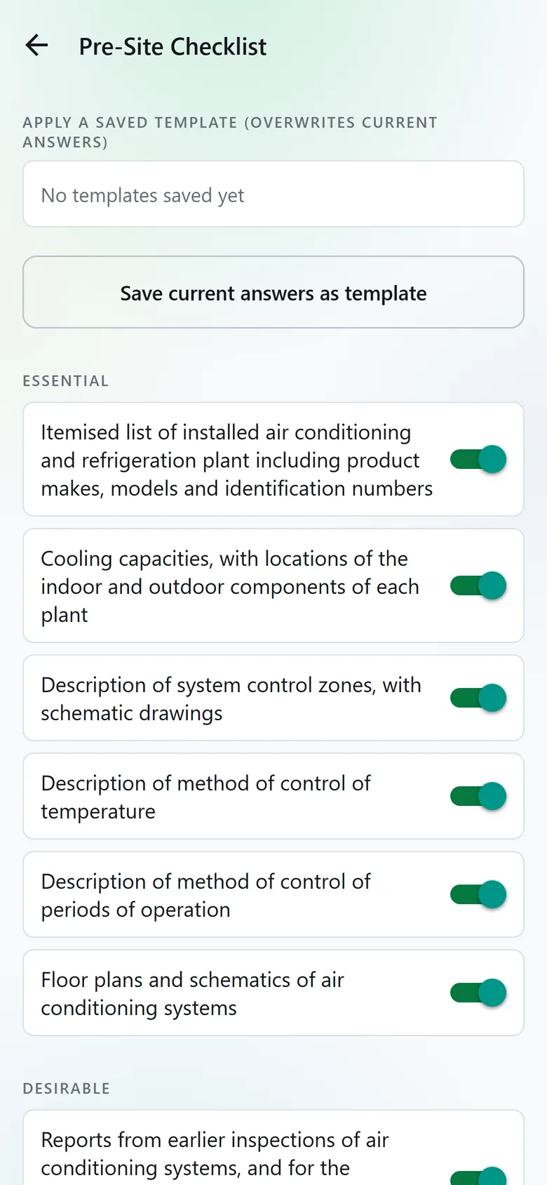 The pre-site checklist: a saved-template picker, Save current answers as template, then the Essential records, each with a switch turned on. In light mode.
