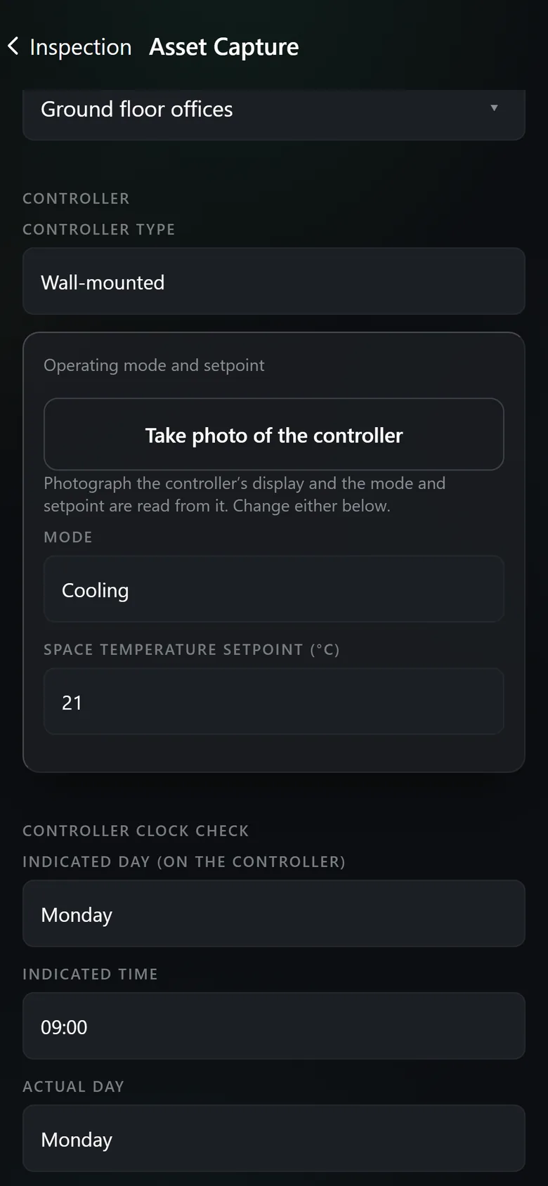A system control: controller type Wall-mounted, then Operating mode and setpoint with the button Take photo of the controller above Mode, Cooling, and setpoint, 21 °C, then the controller clock check. In dark mode.