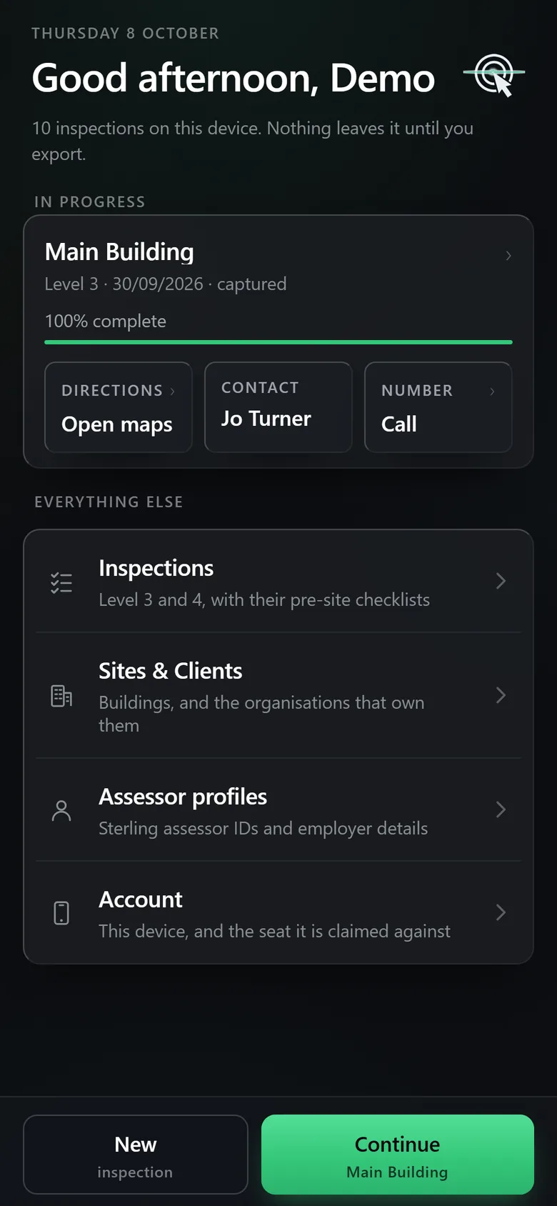 Home on the phone: Good afternoon, Demo. Main Building in progress, Level 3, 100% complete, with Open maps, the contact Jo Turner and a Call button, and Continue Main Building at the foot. In dark mode.