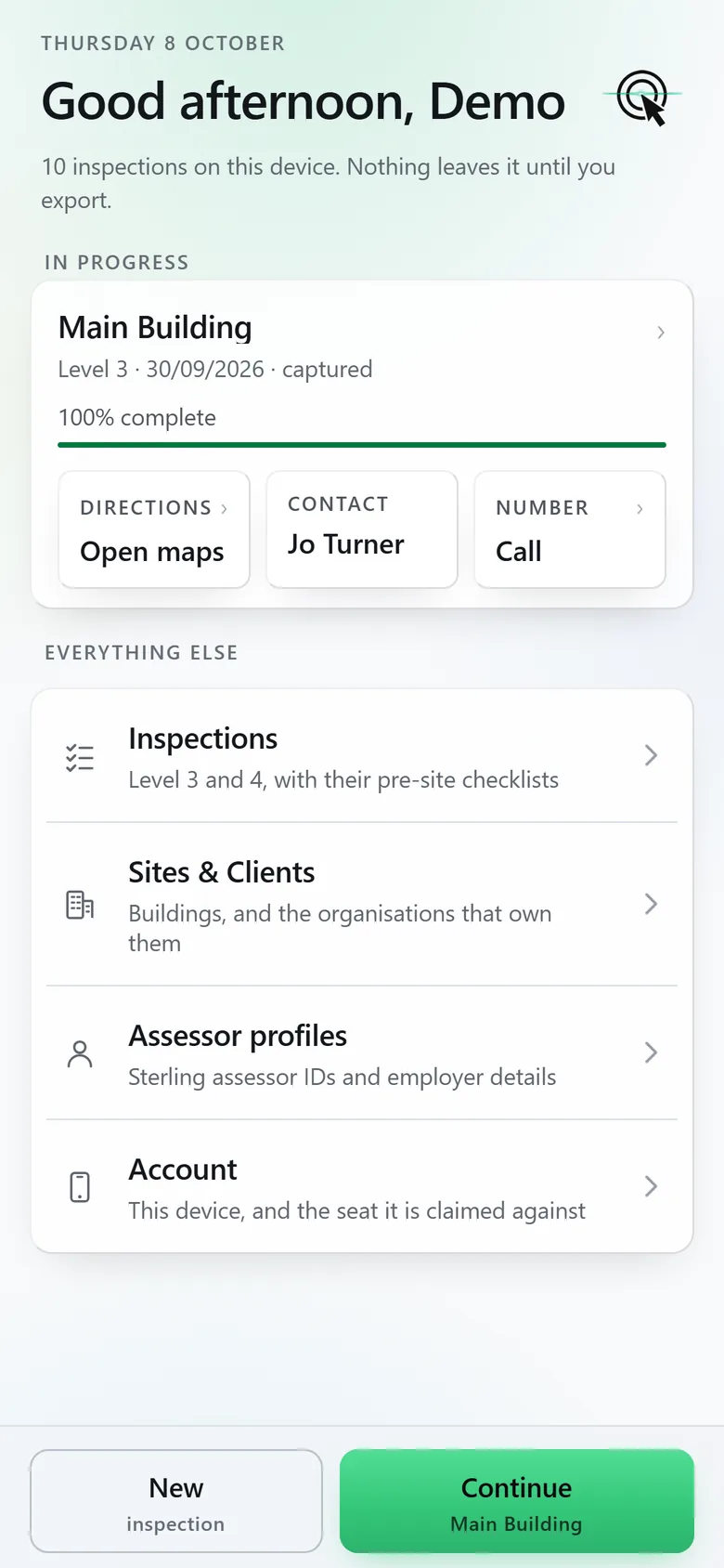 Home on the phone: Good afternoon, Demo. Main Building in progress, Level 3, 100% complete, with Open maps, the contact Jo Turner and a Call button, and Continue Main Building at the foot. In light mode.