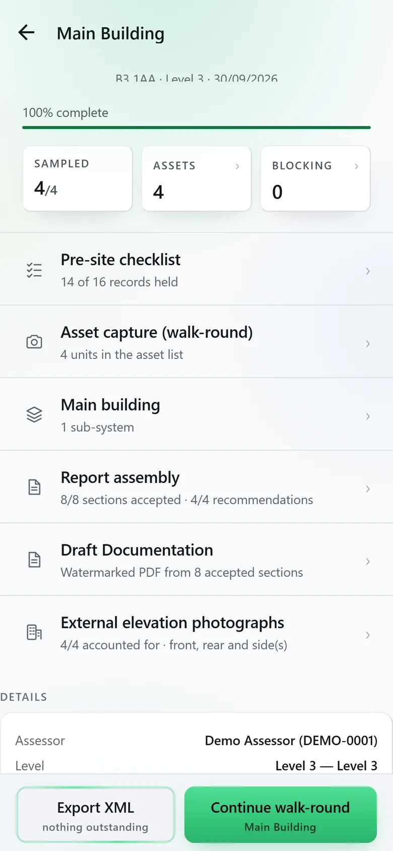 The inspection for Main Building: 100% complete, 4 of 4 sampled, 4 assets, 0 blocking, the checklist, walk-round, sub-system, report, documents and elevations all done, and Export XML with nothing outstanding. In light mode.