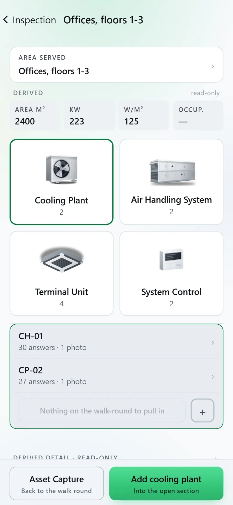 A sub-system, Offices, floors 1-3: 2400 m², 223 kW and 125 W/m² worked out, then four tiles drawn as the equipment itself, Cooling Plant 2, Air Handling System 2, Terminal Unit 4 and System Control 2, and the two plants listed. In light mode.