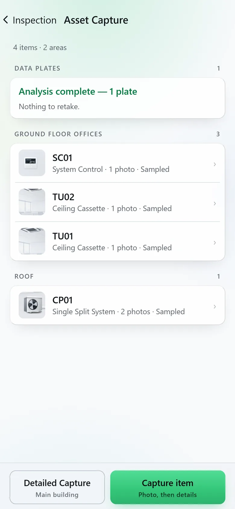 Asset Capture for Main Building: 4 items in 2 areas. Data plates: Analysis complete, 1 plate, nothing to retake. Under Ground floor offices a controller and two ceiling cassettes, under Roof the cooling plant CP01, each with its photograph. In light mode.