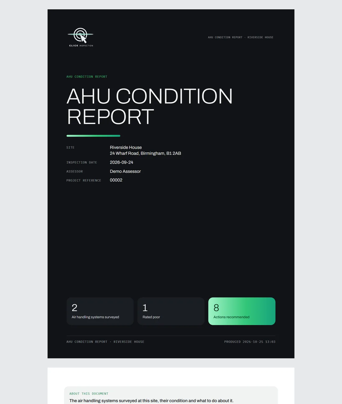 The opening of an AHU condition report: its cover and what the document is.