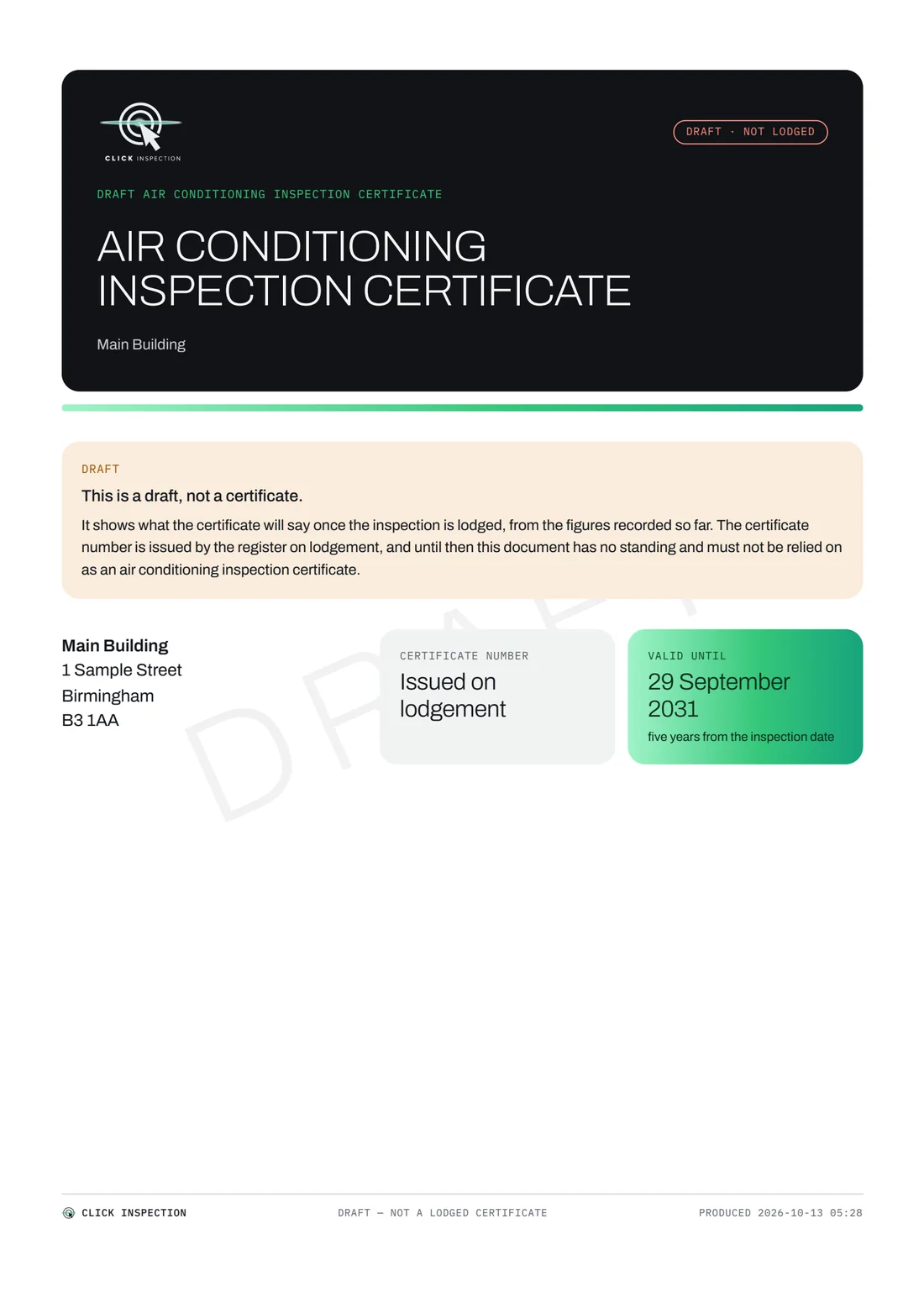 A draft air-conditioning inspection certificate under a graphite band marked DRAFT, not lodged, with a DRAFT watermark.