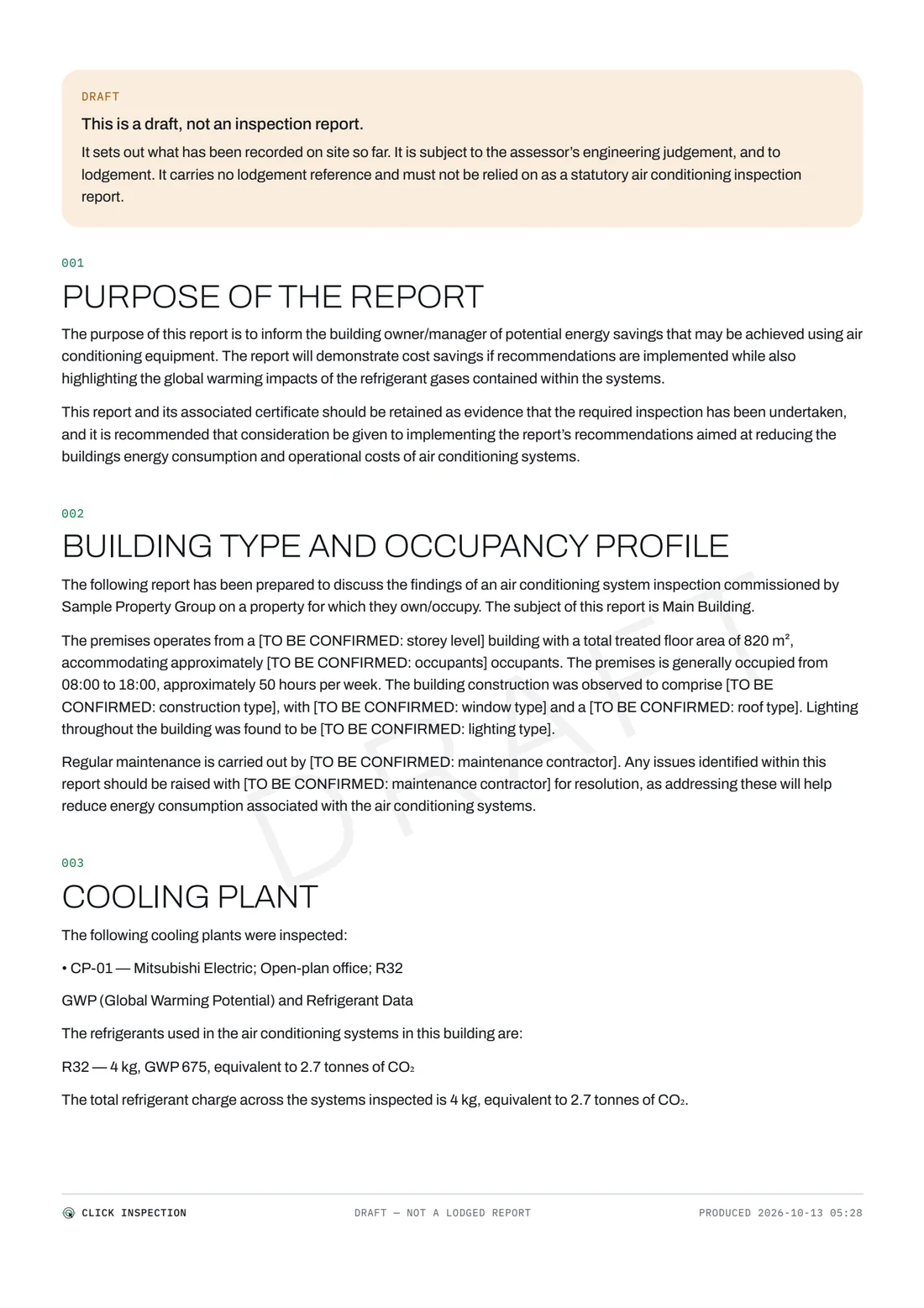 A page of the draft TM44 report for Main Building: the draft notice, the purpose of the report, the building and its cooling plant.