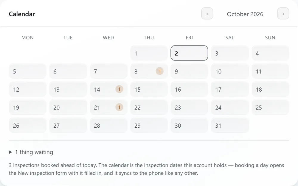 The October calendar, with a booking marked on the 8th, 14th and 21st.
