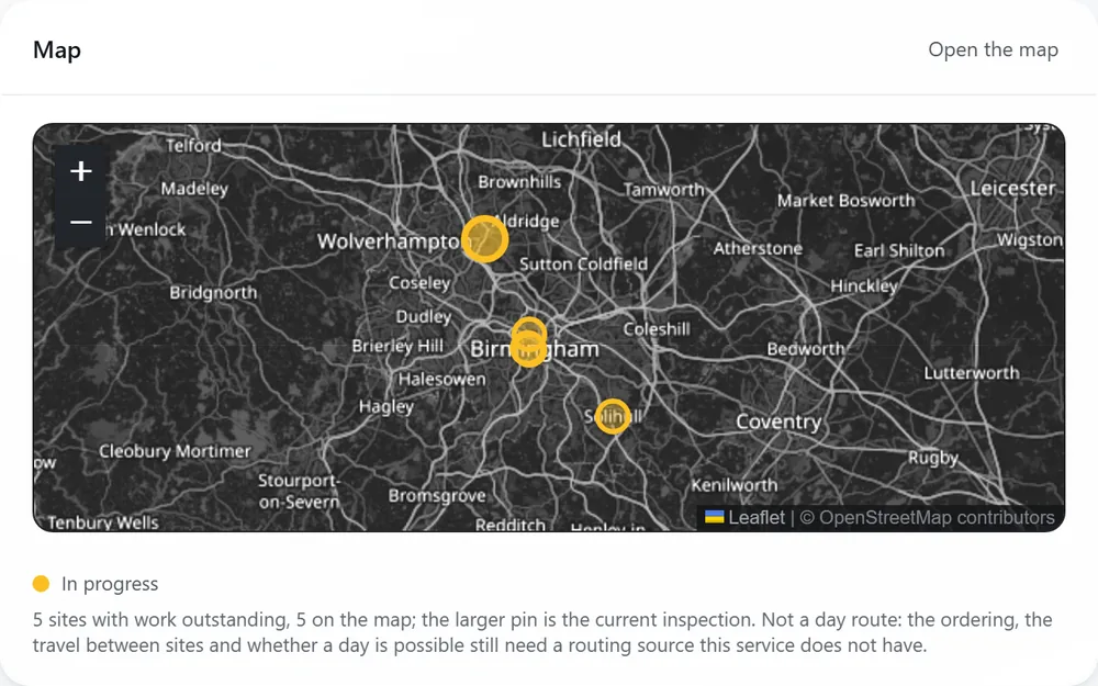 A map of the sites with work outstanding.
