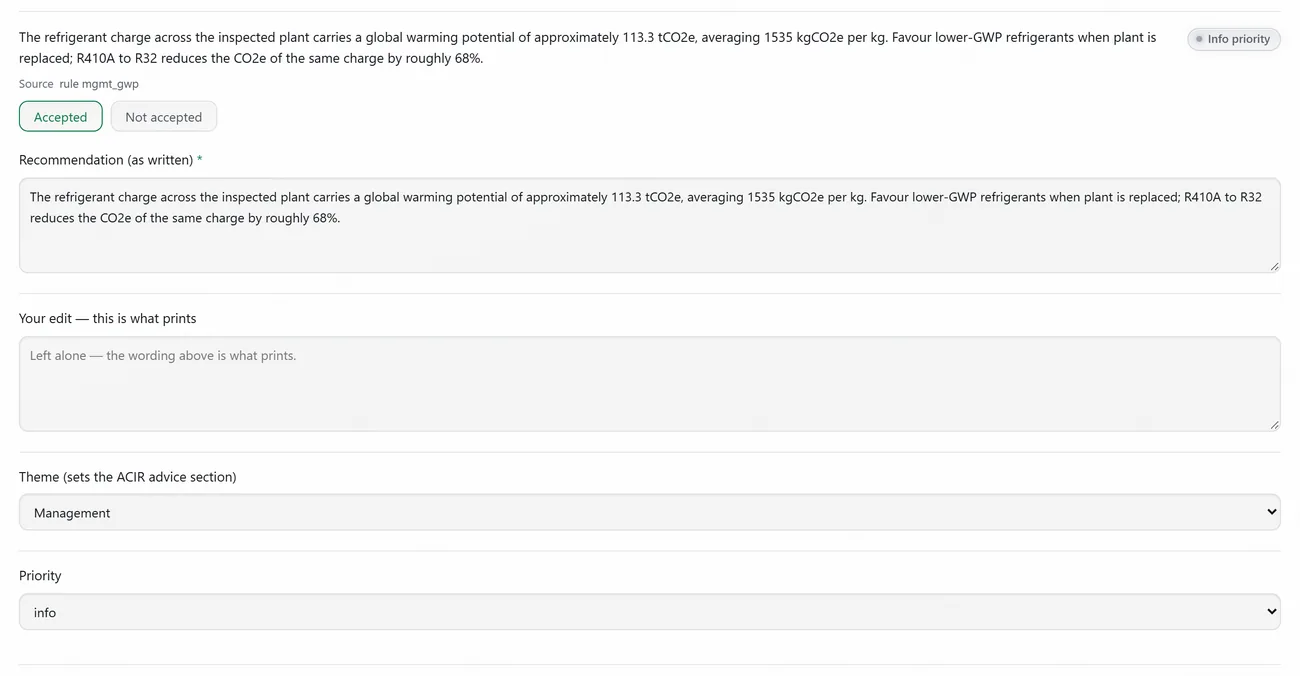 A recommendation raised by the survey at Riverside House: the refrigerant charge across the plant carries about 113.3 tonnes of CO₂ equivalent, with the advice to favour lower-GWP refrigerants. Its source is the rule mgmt_gwp, and it is accepted, with a field for your own edit, its theme and its priority.