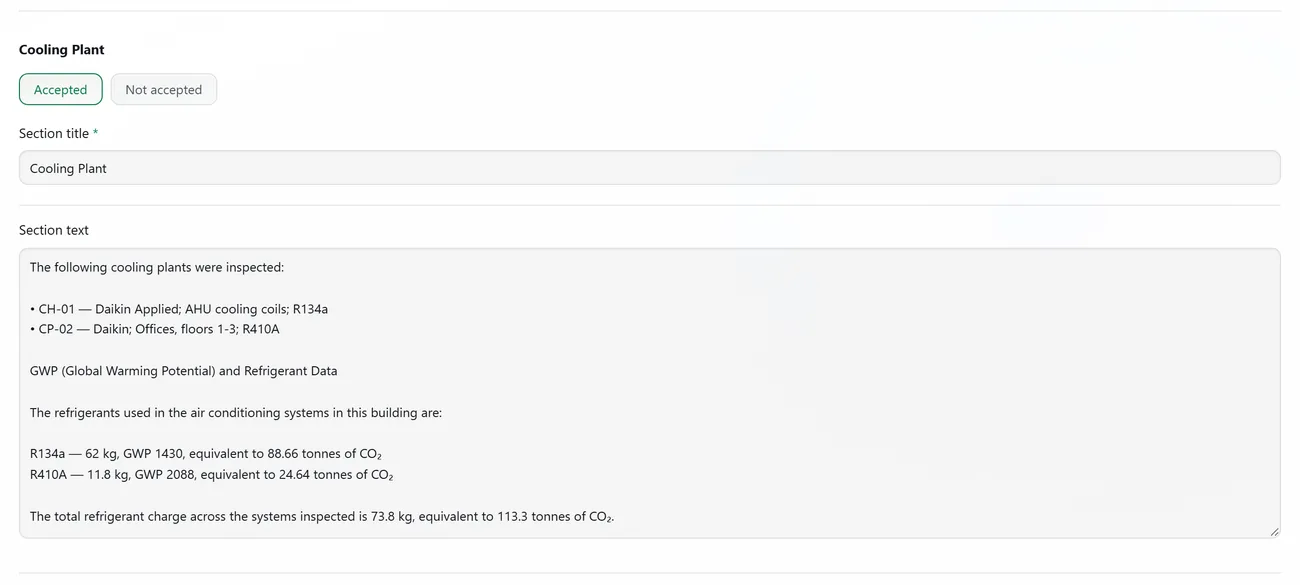 The Cooling Plant section as generated for Riverside House: the two plants inspected, CH-01 and CP-02, then each refrigerant with its charge, GWP and tonnes of CO₂ equivalent, and the total of 73.8 kg, 113.3 tonnes.