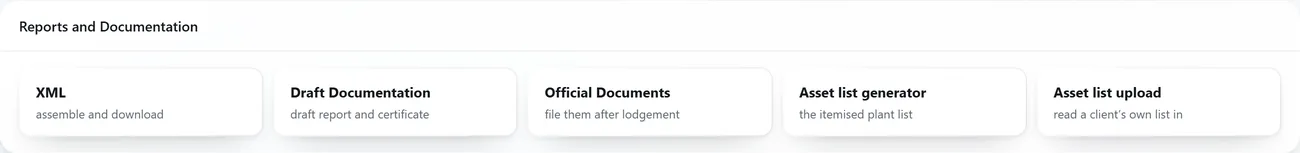 The Reports and Documentation box: XML, Draft Documentation, Official Documents, Asset list generator and Asset list upload.