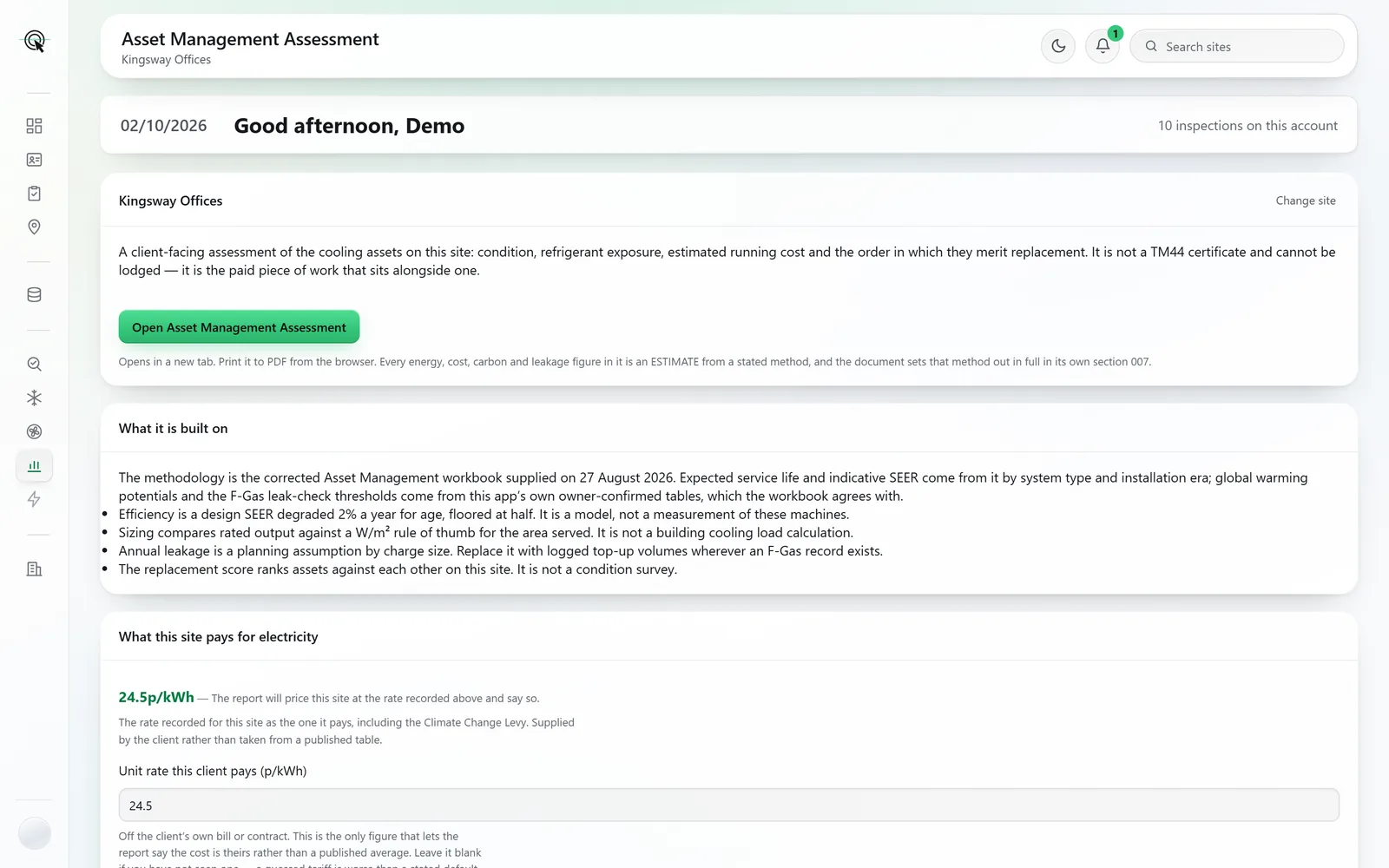 Asset Management Assessment for Kingsway Offices: what it is built on, and the site’s electricity price.