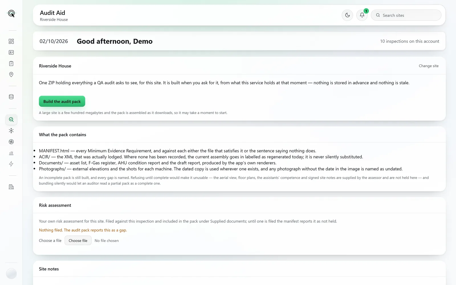 Audit Aid for Riverside House: Build the audit pack, and what the pack contains.