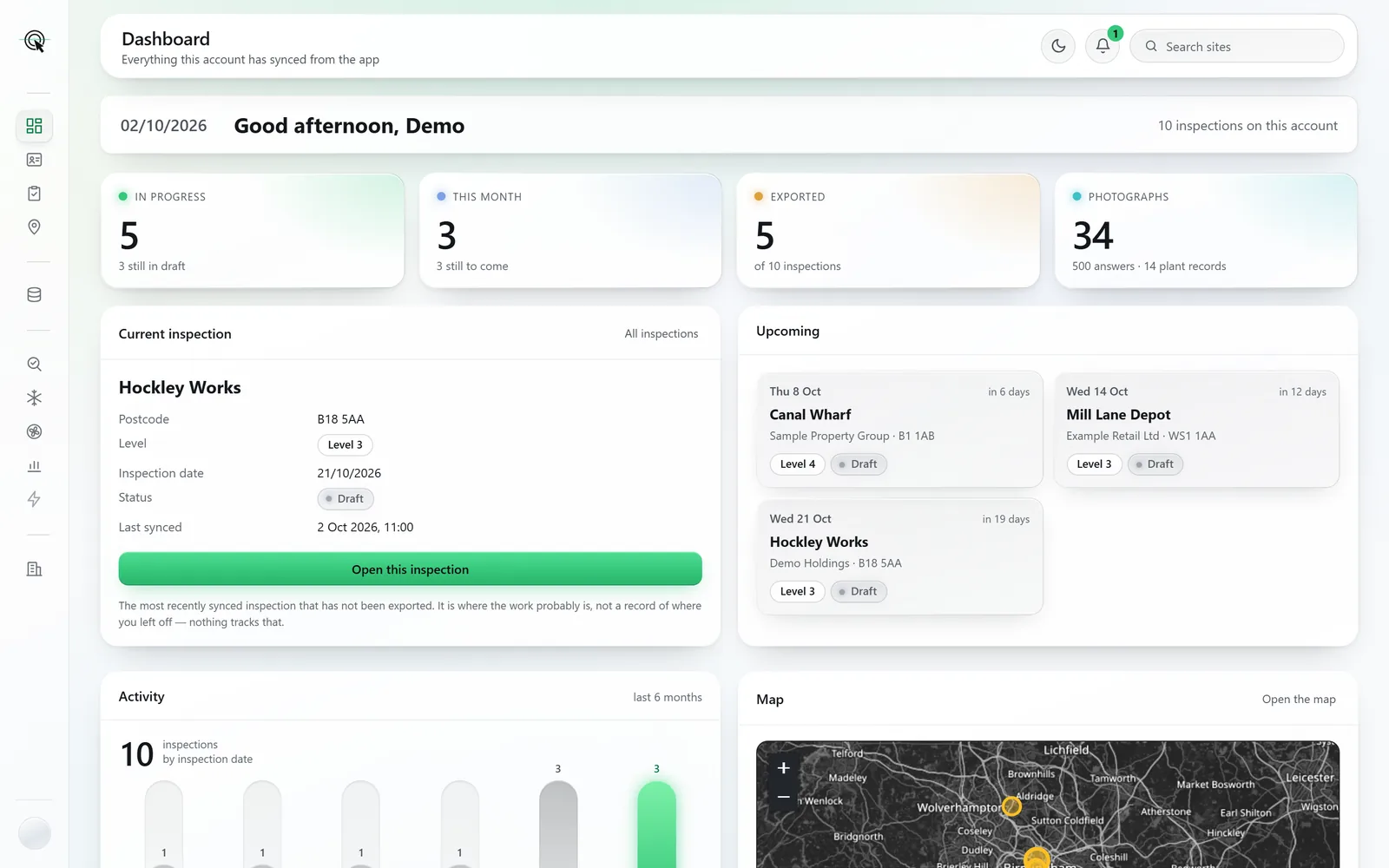 The Click Inspection Dashboard: inspections in progress, this month and exported, the current inspection, upcoming bookings, activity and a map.