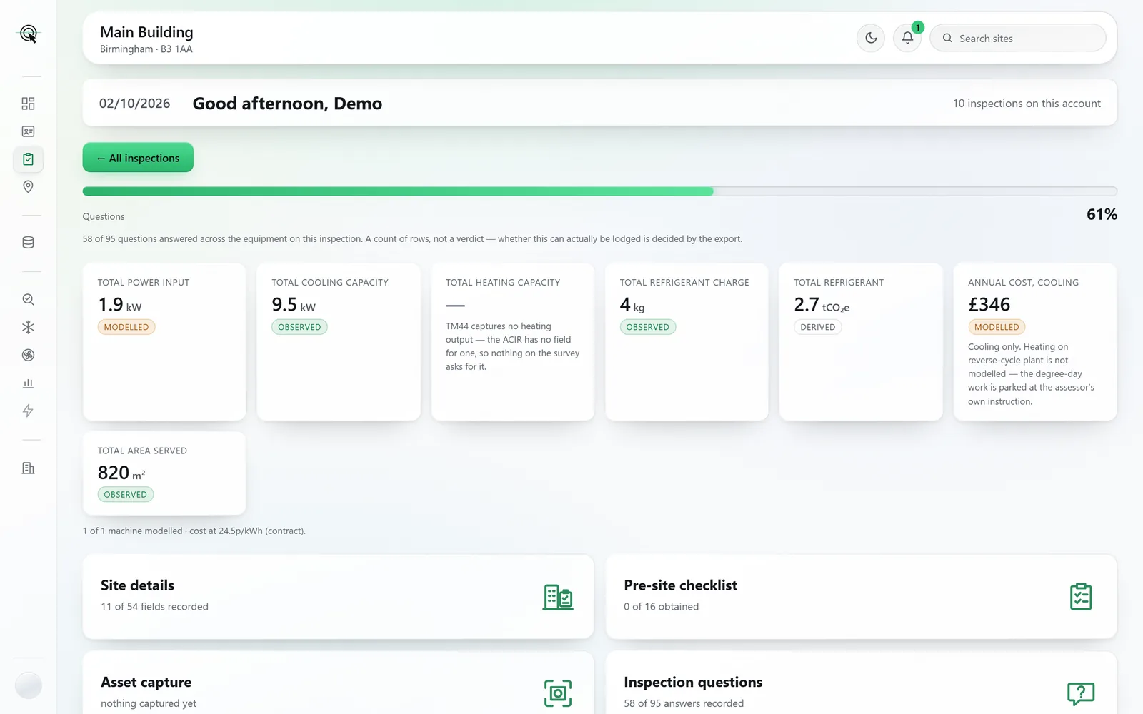 An inspection hub: 61% of questions answered and the plant totals, each labelled observed, derived or modelled.