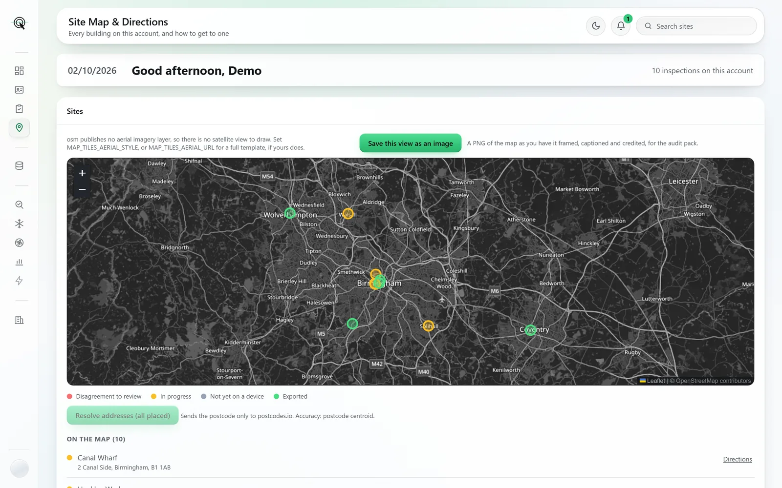 Site Map & Directions: sites across the West Midlands, pinned by status, with a list of sites and Directions links.