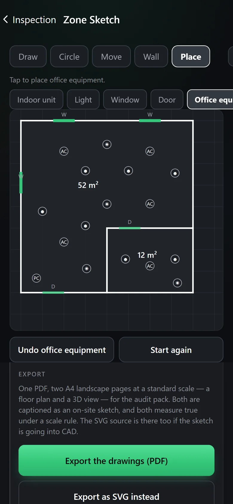 The same screen with the cards scrolled down to Export: one PDF of two A4 landscape pages, a floor plan and a 3D view, with the buttons Export the drawings (PDF) and Export as SVG instead.