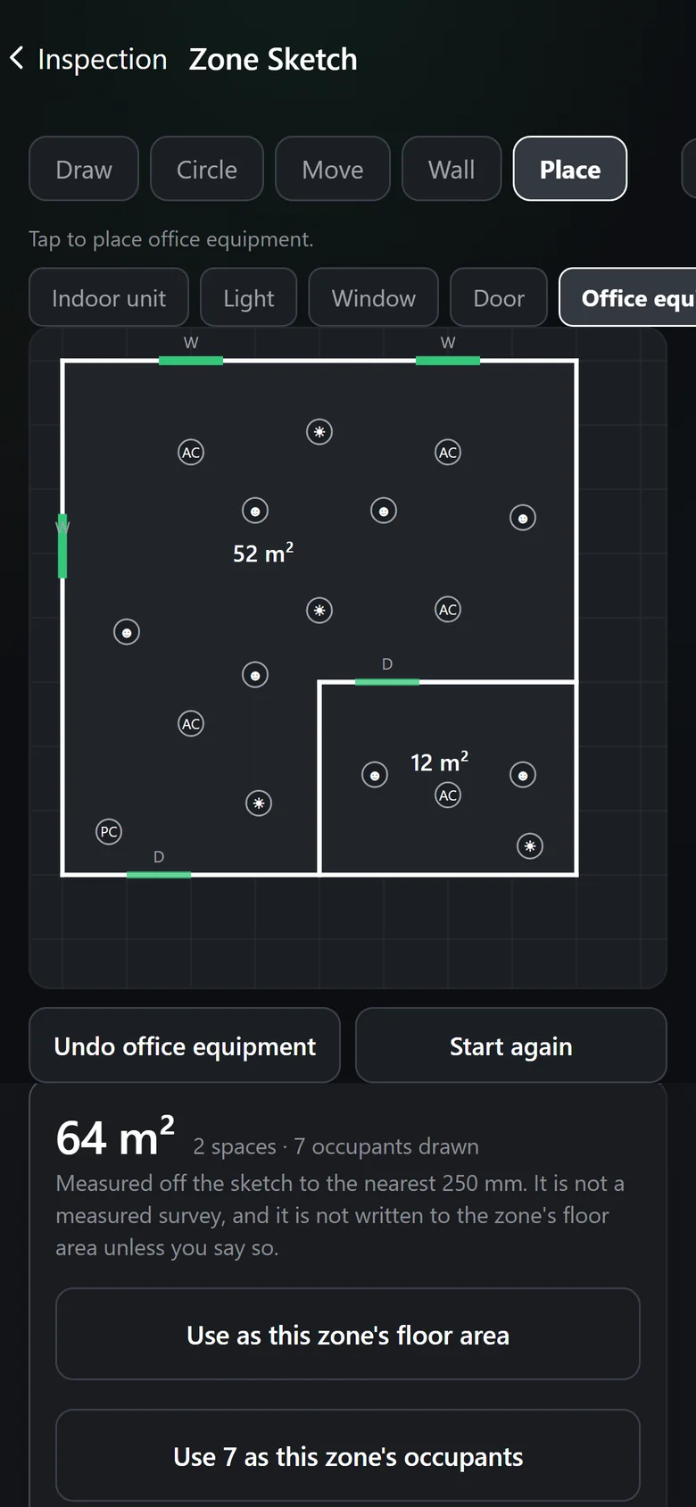 The same screen with the cards below the grid scrolled a little: the total, 64 m², 2 spaces, 7 occupants drawn, with the buttons Use as this zone’s floor area and Use 7 as this zone’s occupants.