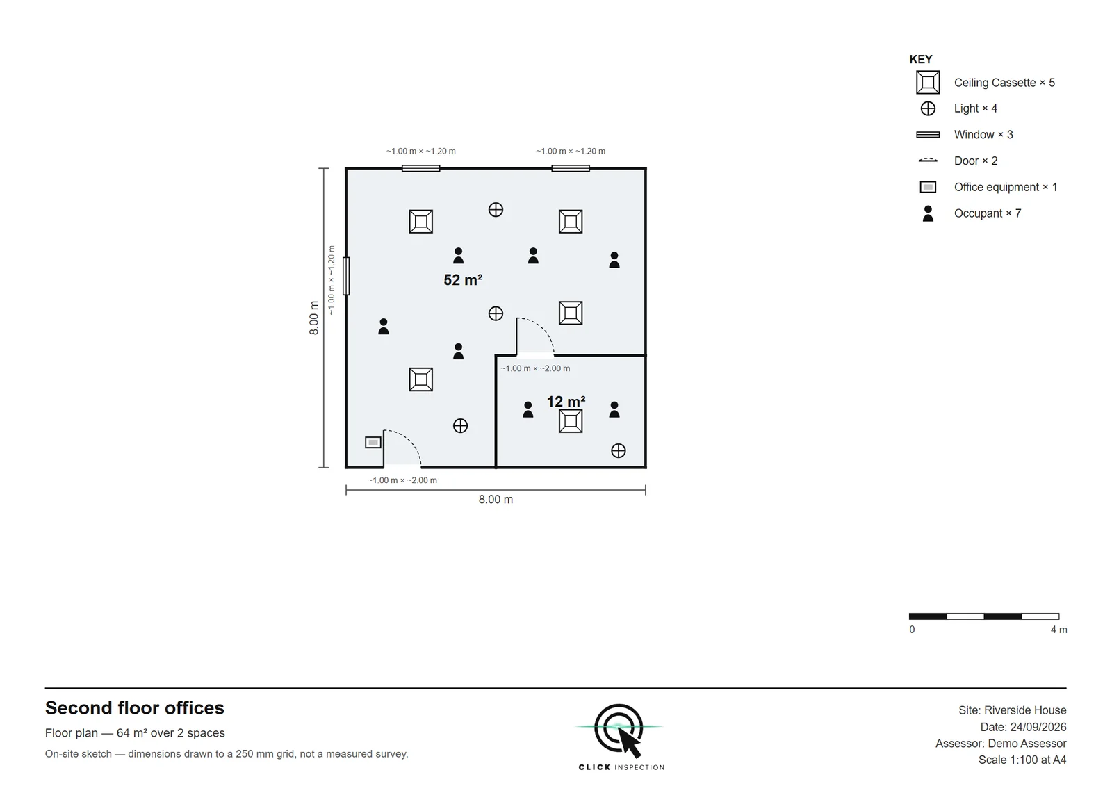The exported floor plan of Second floor offices at Riverside House: an L-shaped office of 52 m² beside a 12 m² meeting room, with overall dimensions, windows and doors on the walls, every item drawn, a key with counts, a scale bar and a title block.